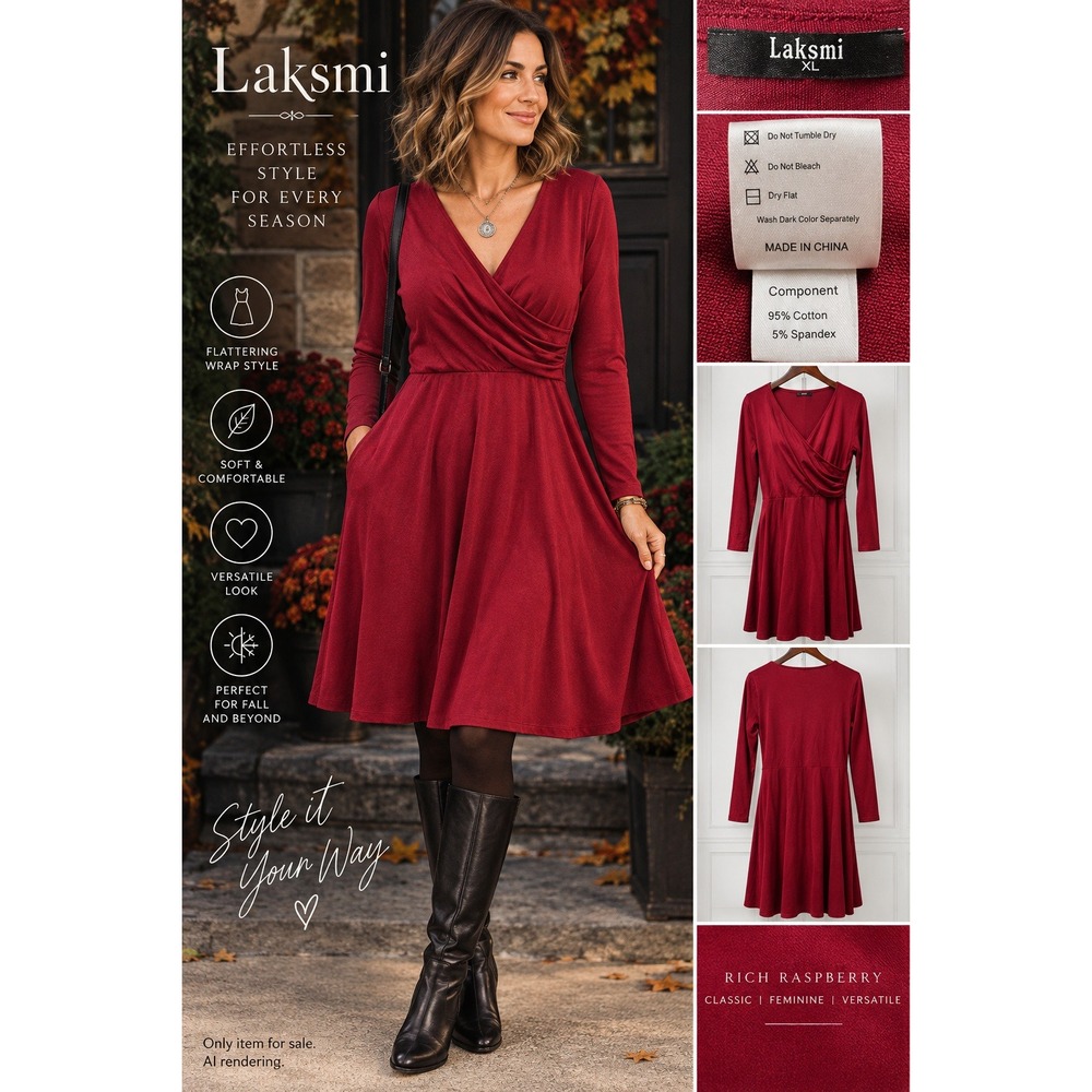 Faux Wrap Dress Raspberry Red Long Sleeve Cotton Knit Romantic Fall Laksmi XL